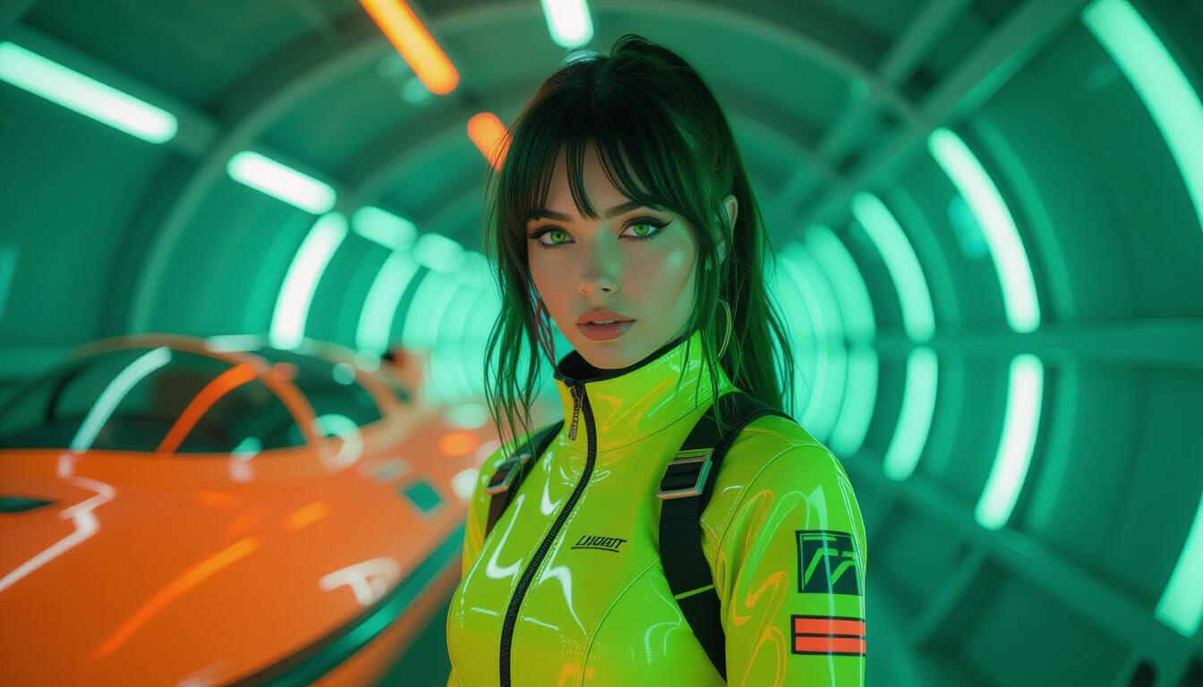 Attractive Woman in Futuristic Neon Tunnel