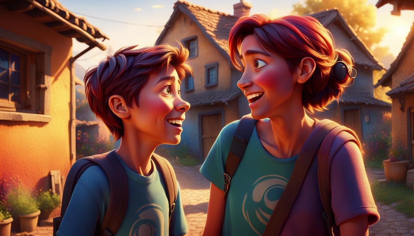 Mother and Son's Joyful Village Conversation: Pixar-Inspired...