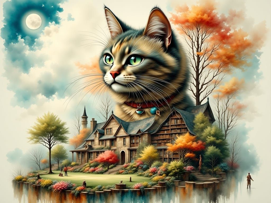 Giant Cat Double Exposure in Dreamlike State