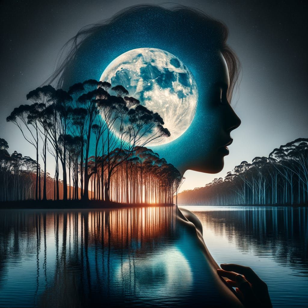 Double Exposure: Woman and Moonlit Lake Reflection