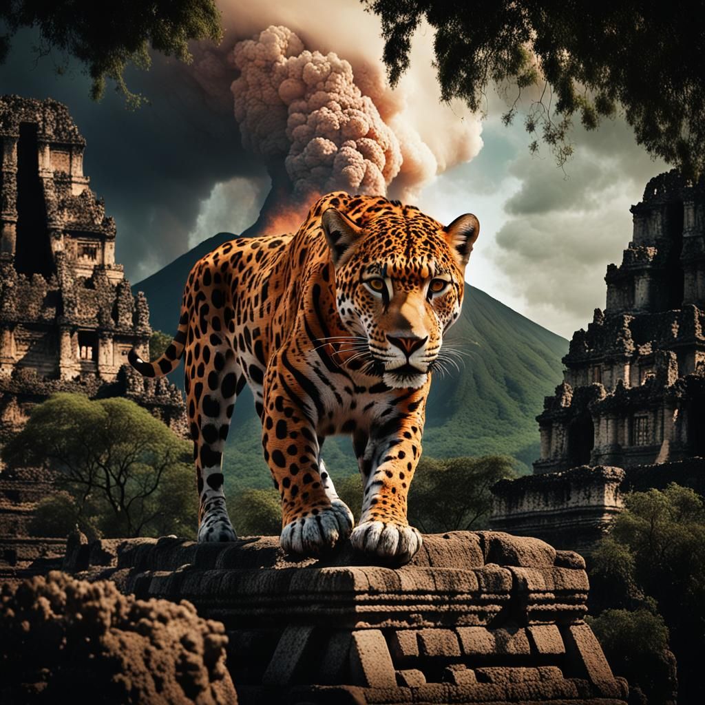 Apocalyptic Mayan Temple Landscape with Jaguar