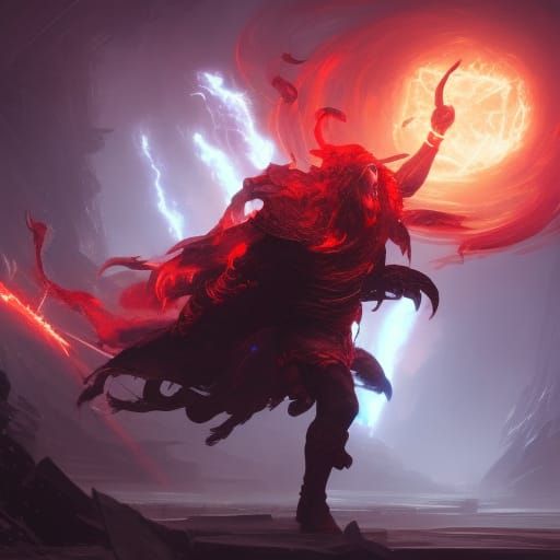 Dark Sorcerer Unleashing Red Lightning, Digital Art