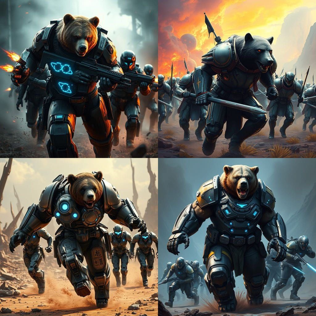 Cybernetic Bear Warriors Unite with Human Allies in Futurist...