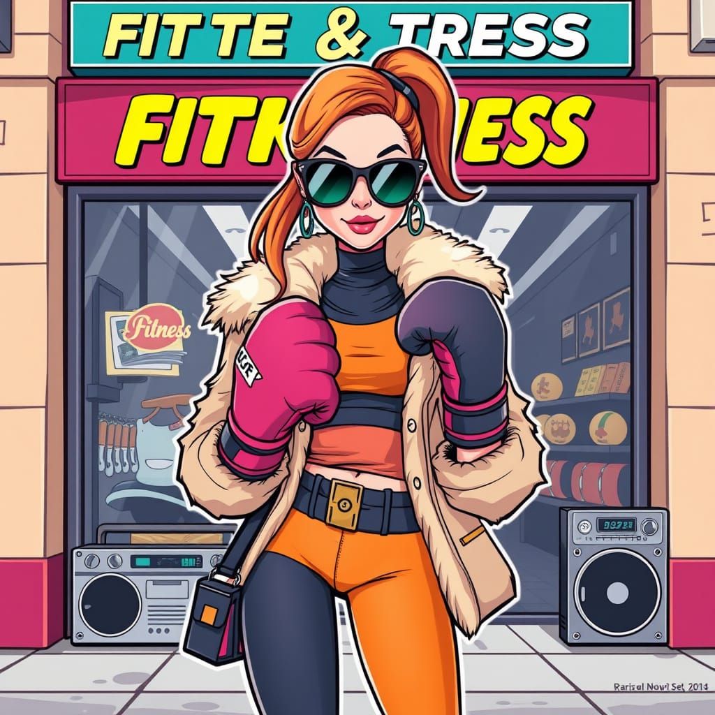 Retro Fitness Queen in Cool-Toned Cartoon Style