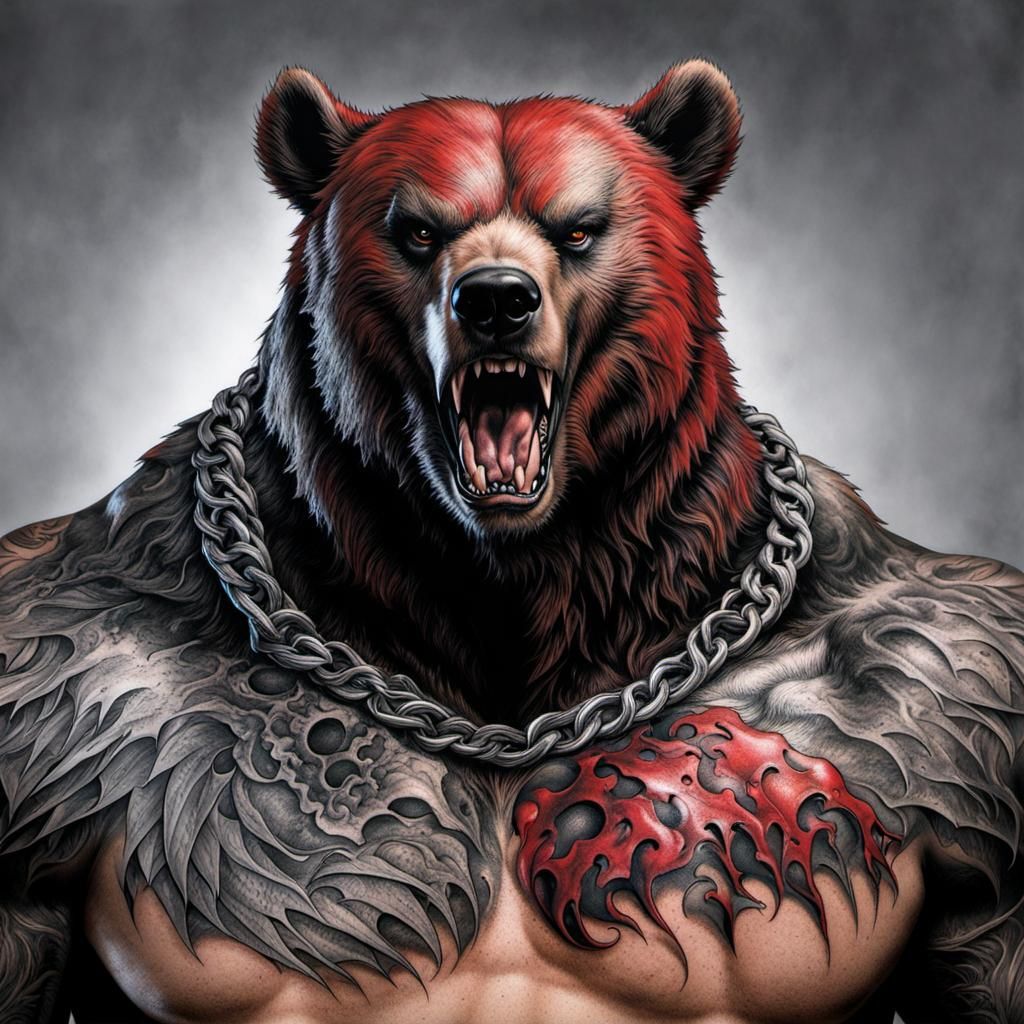 Tattooed Spawn Bear in Photorealistic Comic Style