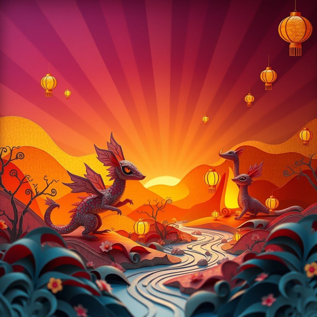 Whimsical Paper Creatures in Mythical Landscape