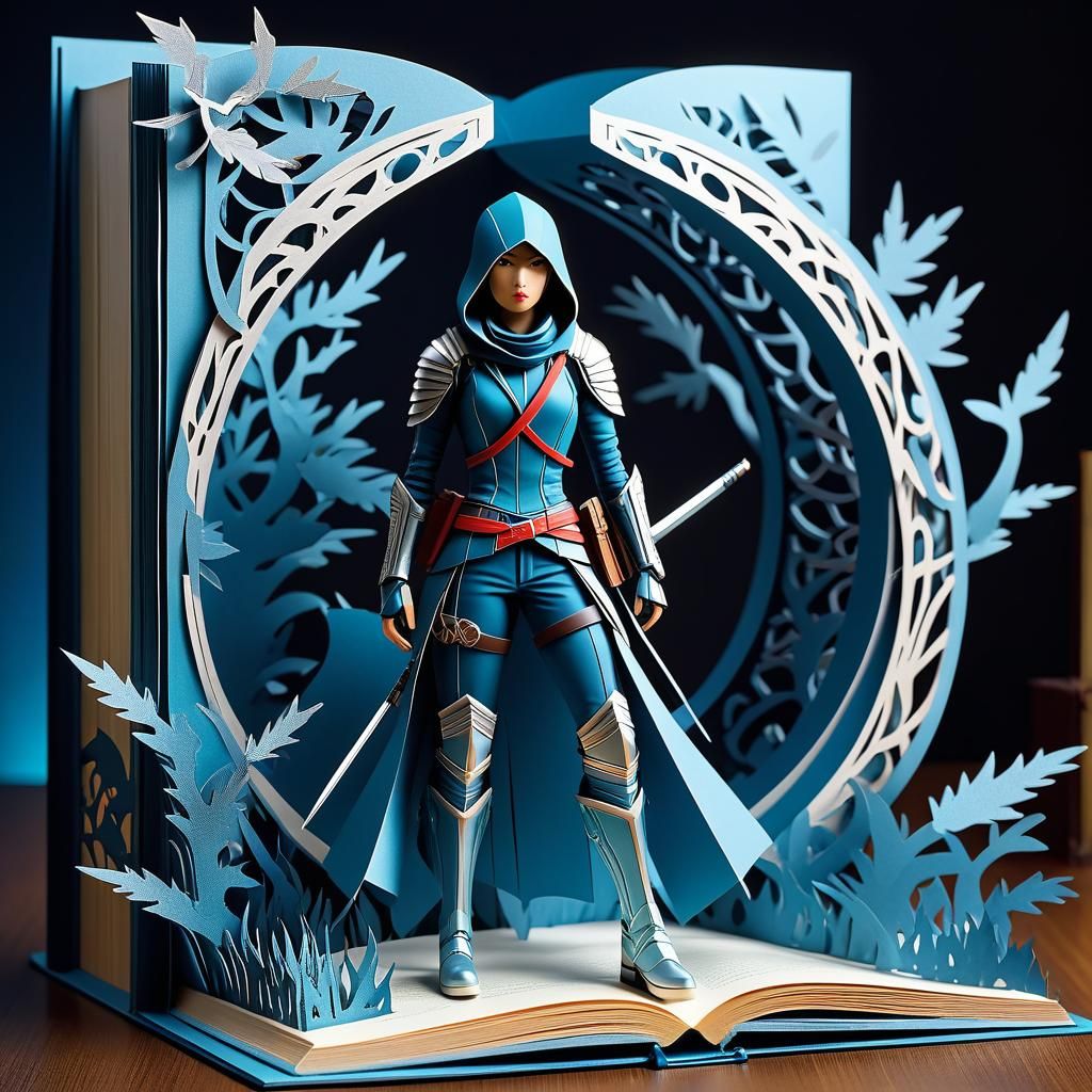 pop up book with female assassin