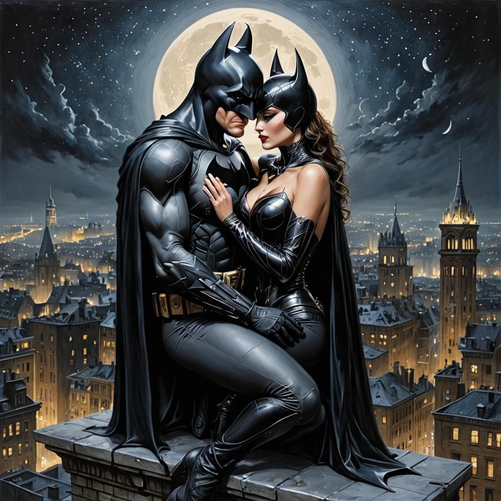 Batman and Catwoman Embrace Under Gotham Moon