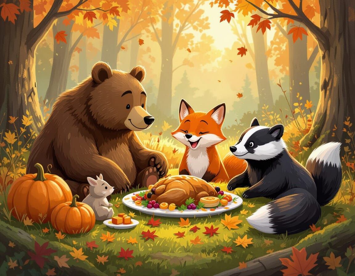 Forest Animals Enjoying a Bountiful Thanksgiving Feast