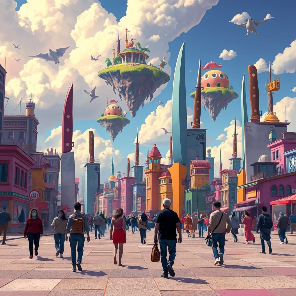 Surreal Knife Cityscape with Floating Islands in Pixar Style