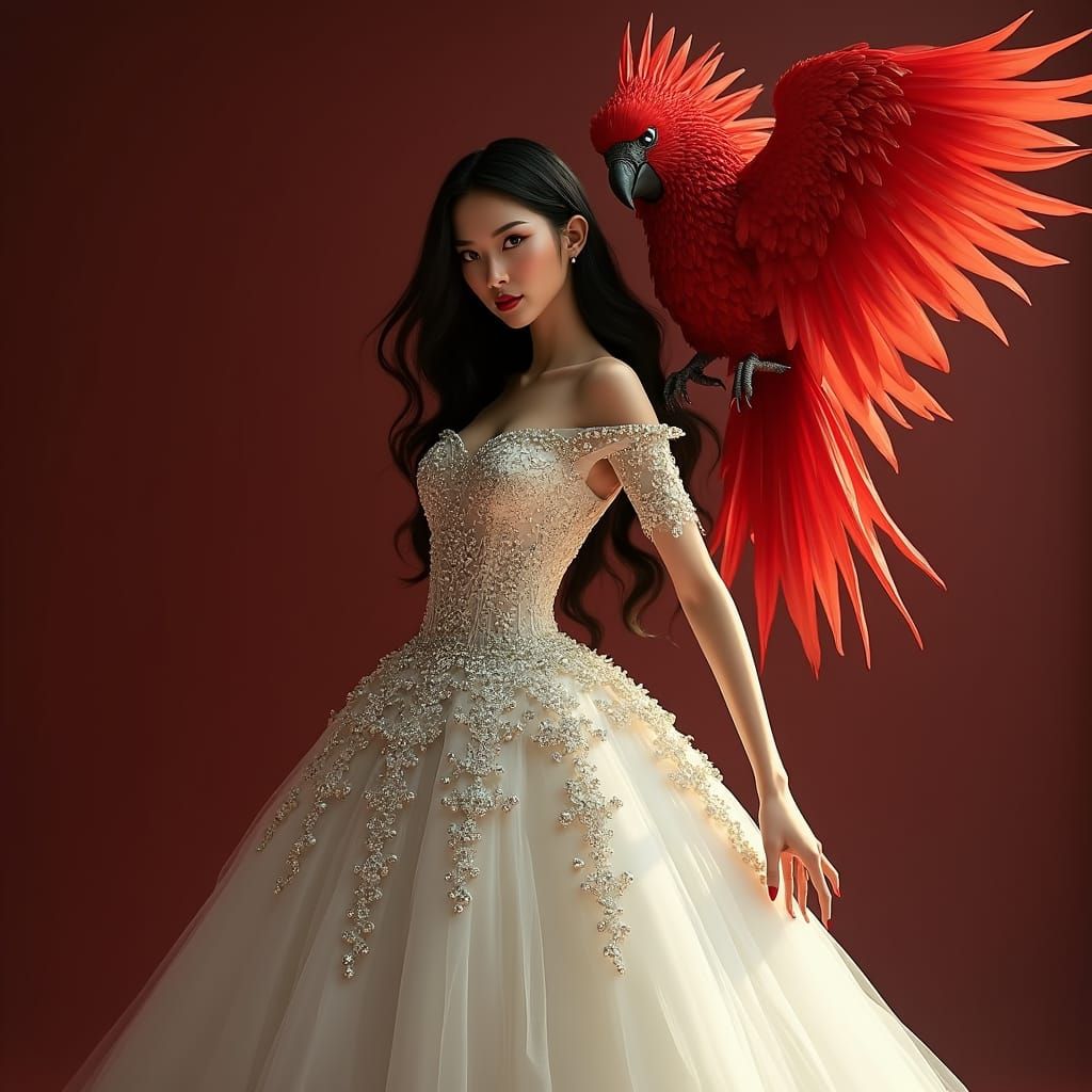 Woman with Red Bird in Fantasy Digital Art