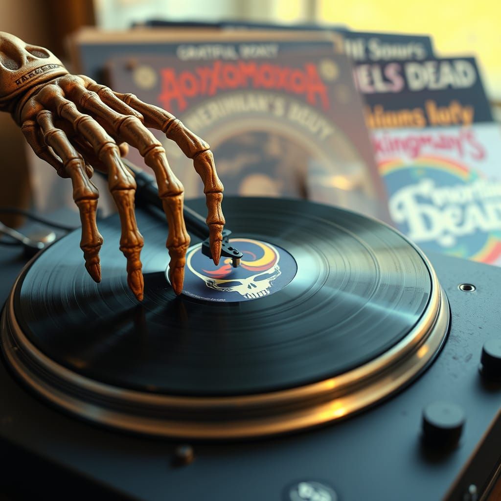 Skeletal Hand Places Turntable Needle on Vinyl Record