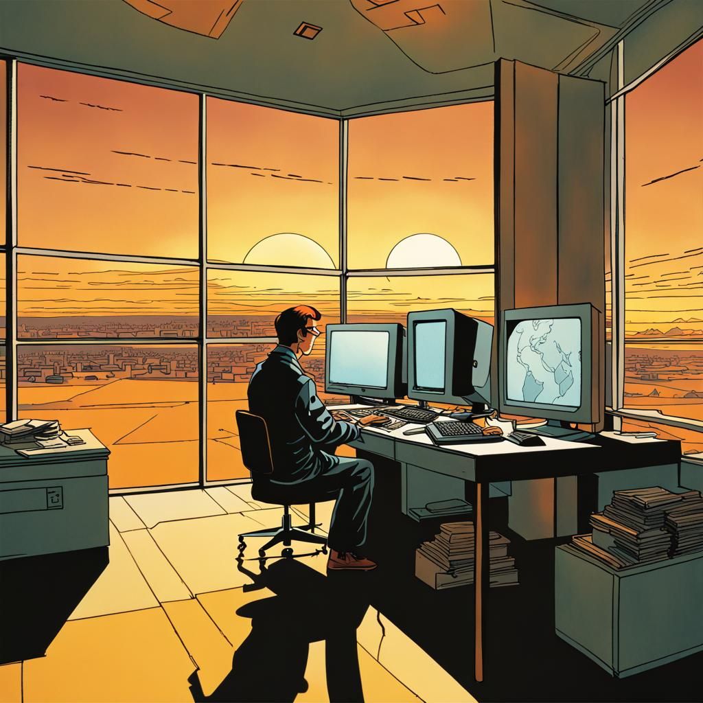 Lonely Man in Futuristic Office by Hergé
