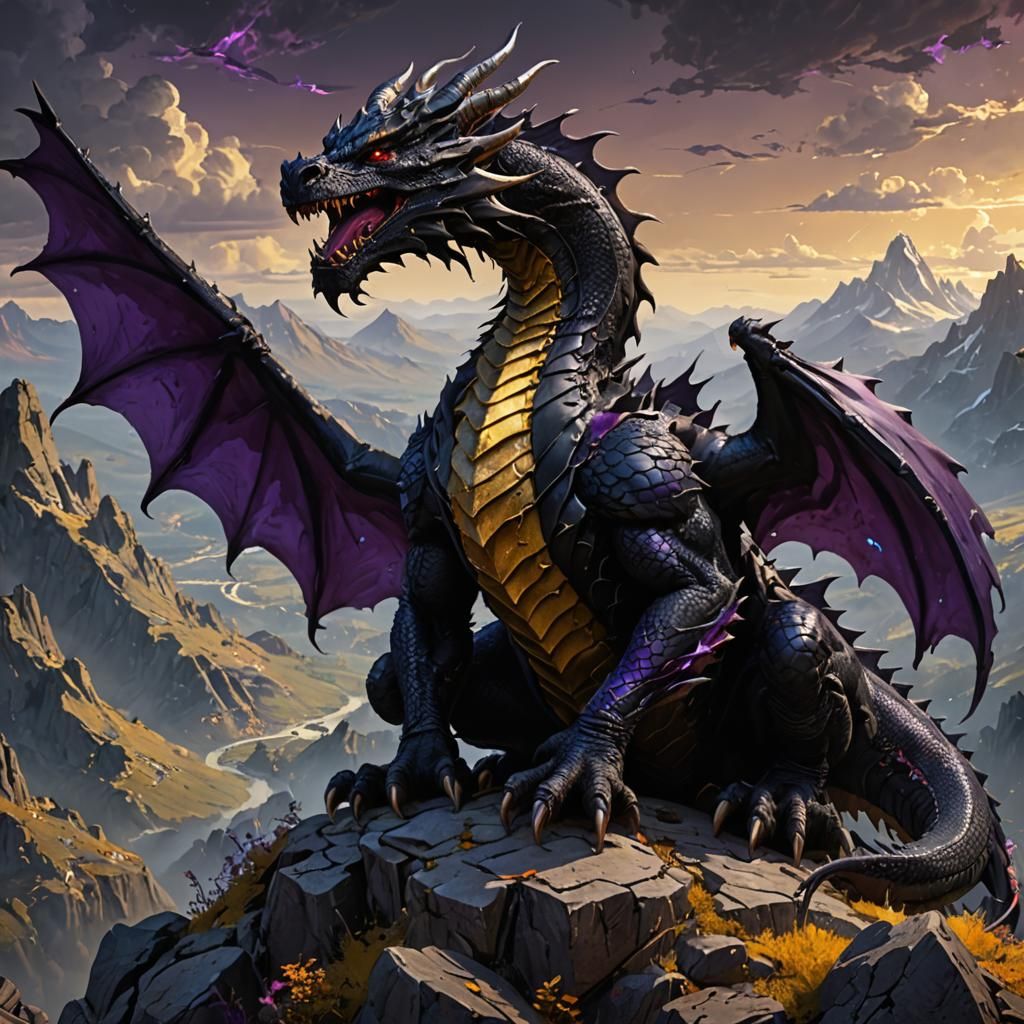 Black Dragon on Mountain in Dark Fantasy Style