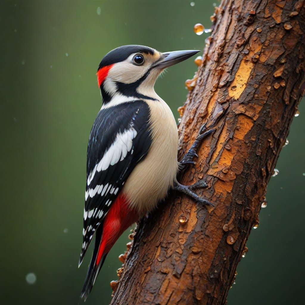Woodpecker Macro Photo with Dew Drops in Graffiti Art Style