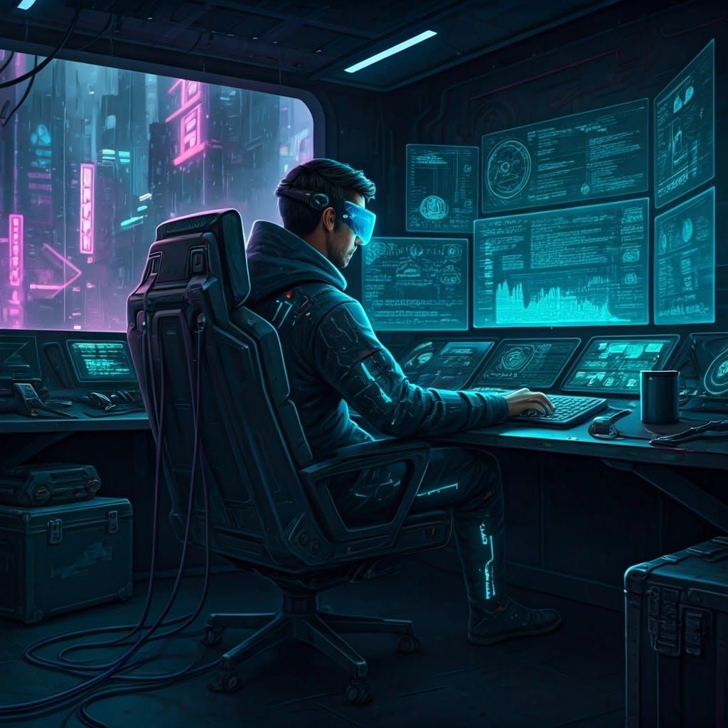Cyberpunk Netrunner Immersed in Holographic Data Streams
