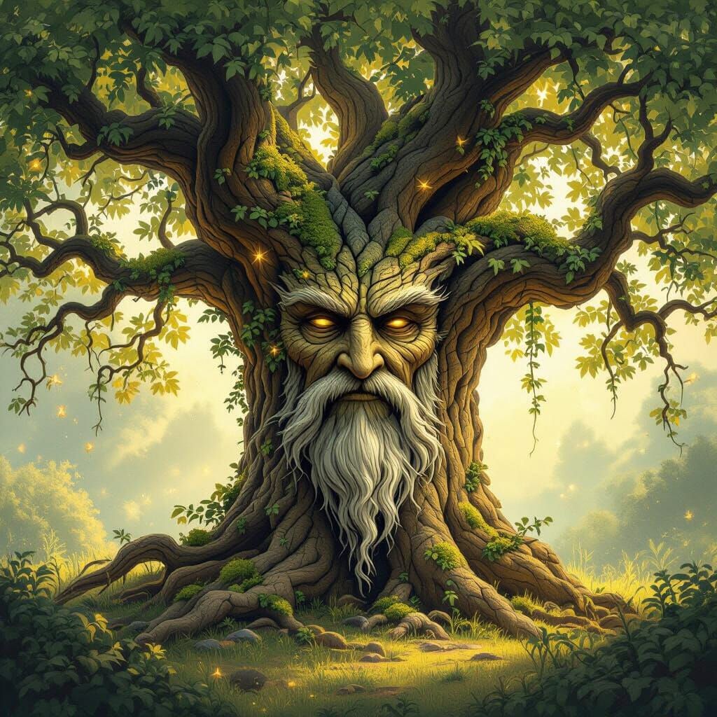 Ancient Oak Tree with Wise Face in Sunlit Clearing