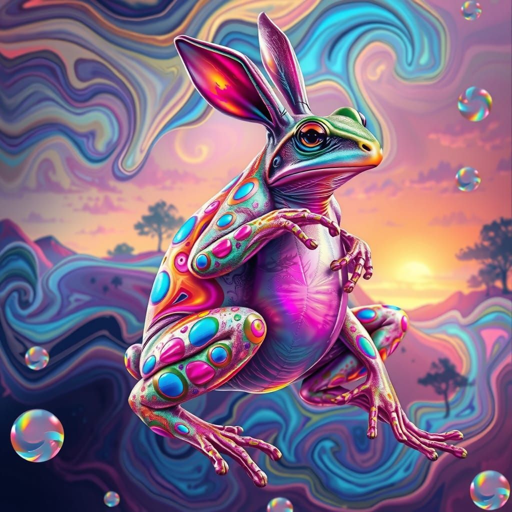 Surreal Fusion of Frog and Rabbit in Vibrant, Dreamlike Enti...