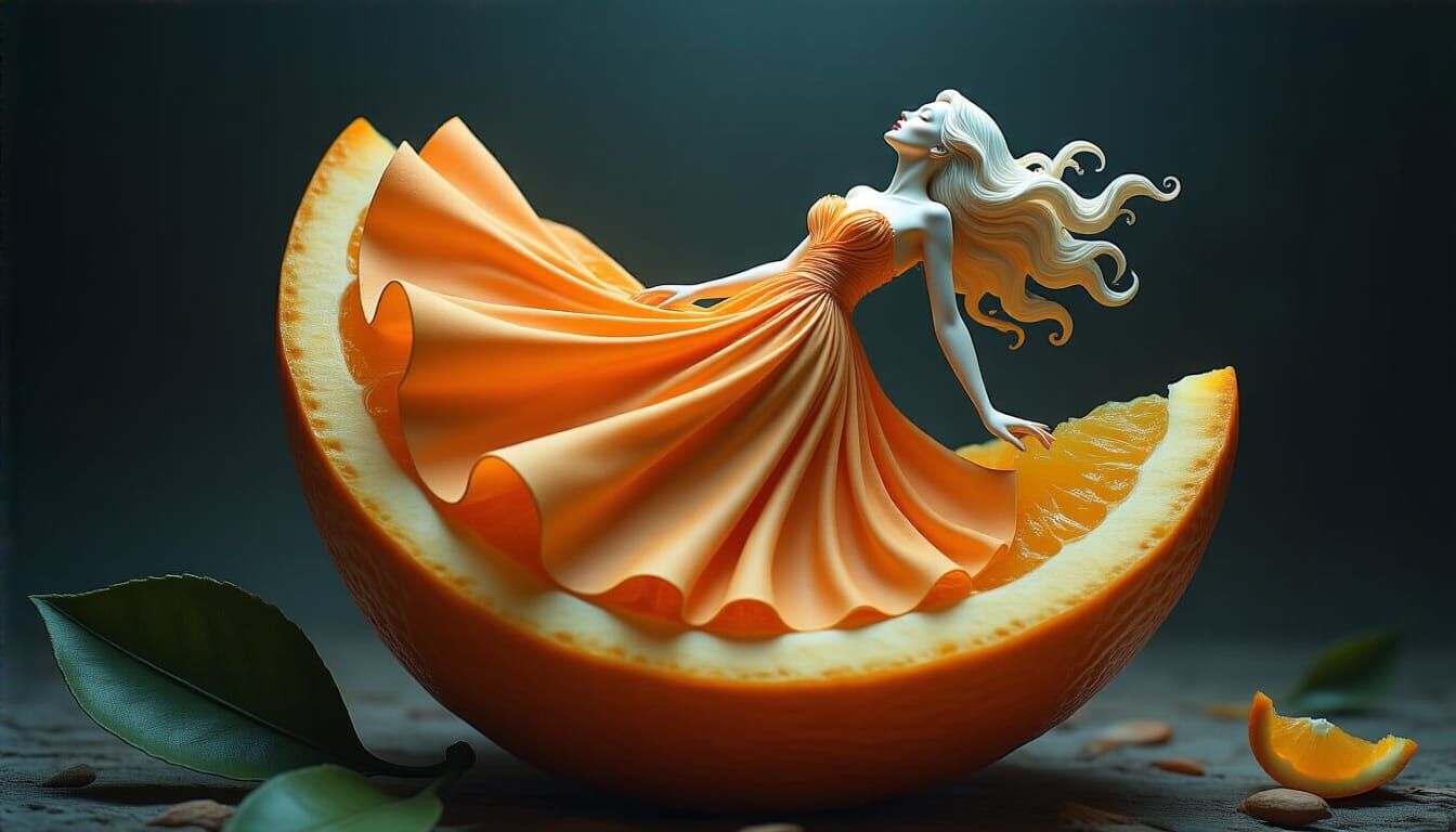 Sculpted Woman Emerges from Orange Fruit
