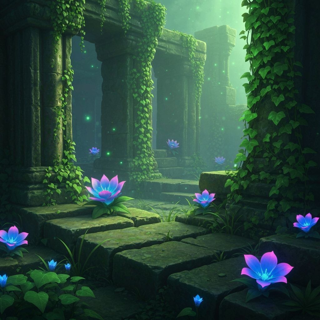 Enchanted Ruins With Glowing Emerald Ivy and Bioluminescent ...