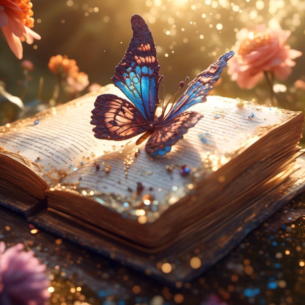 Butterfly Emerges from Book in Hyperreal Style