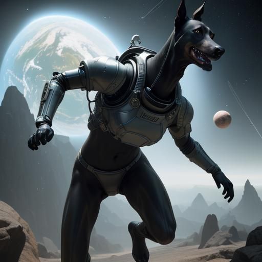 Doberman Astronaut Floats in Space, Detailed 3D Render