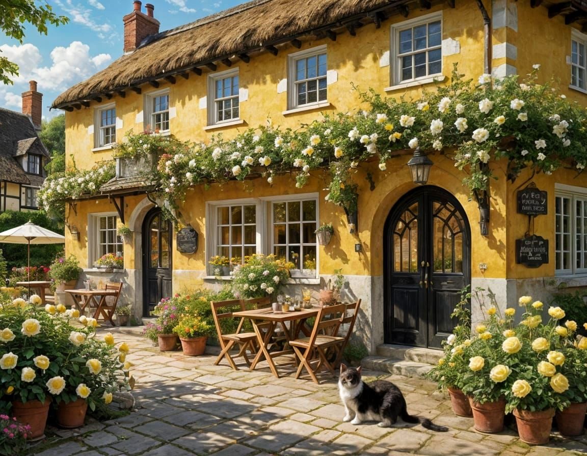 English Pub with Roses, Oil Painting Style