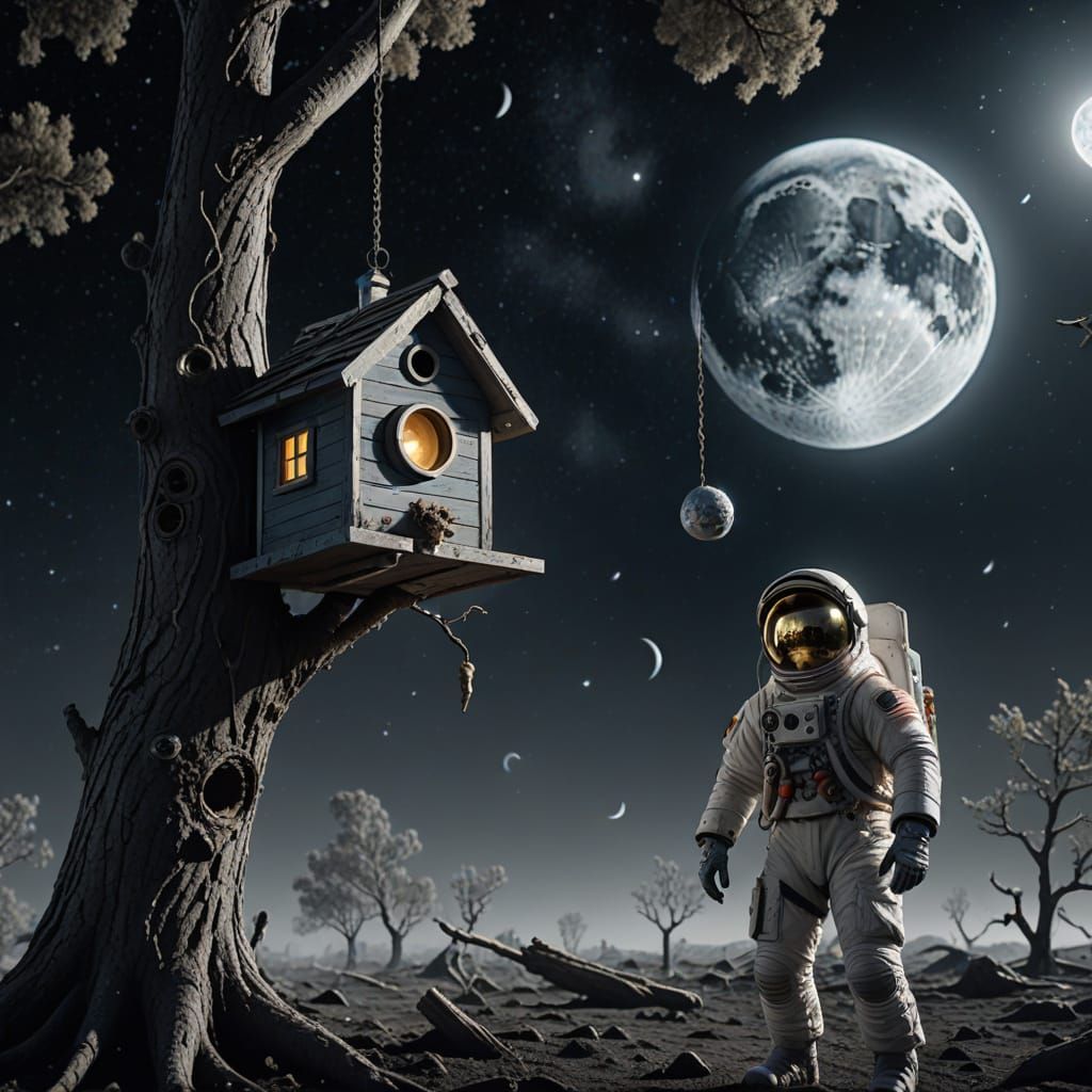 Moon Elixir Birdhouse Watched by Astronaut: Hyperrealistic F...