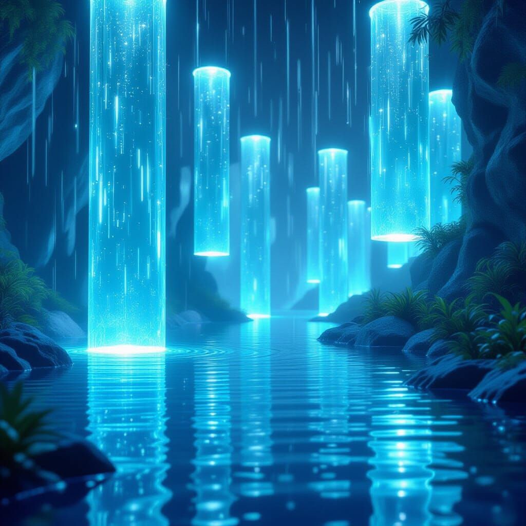 Surreal Digital Landscape with Glowing Rain Tubes