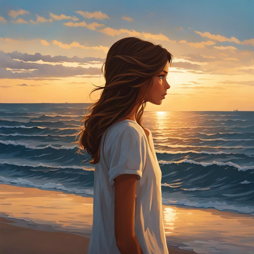 Girl with Golden Eyes Watches Sunset at Sea