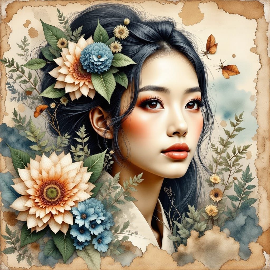 Vintage Asian Beauty Adorned with Whimsical Floral Crown