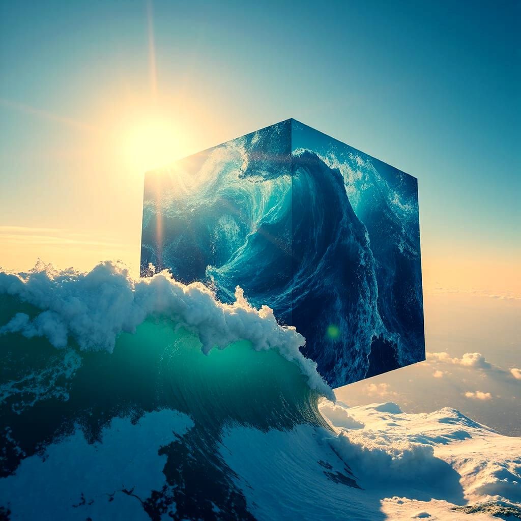 Surreal Cubic Ocean Suspended in Sky