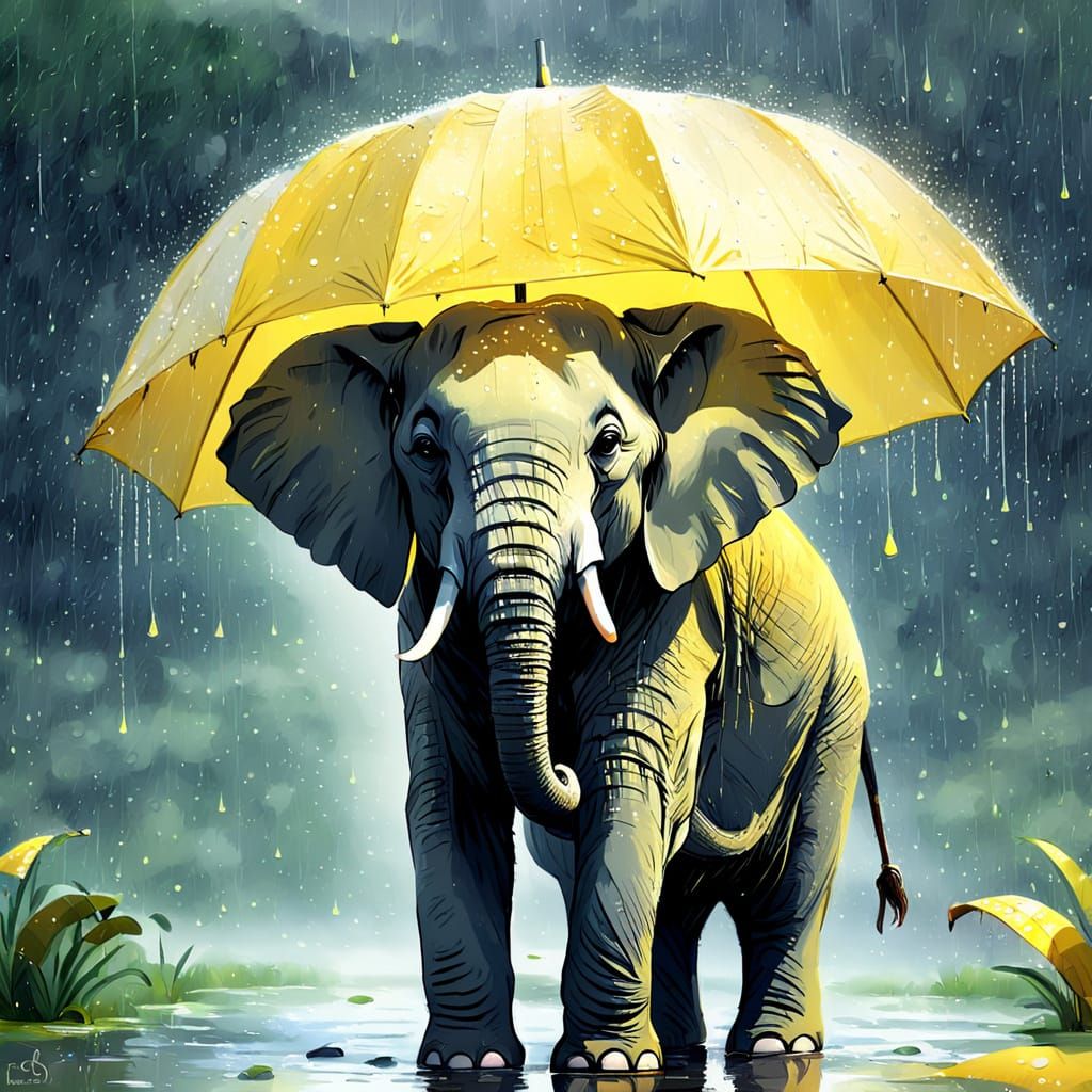 Elephant standing in a puddle of water, Under a yellow umbre...