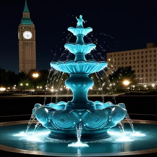 Illuminated Water Sculpture Fountain in Urban Nightscape