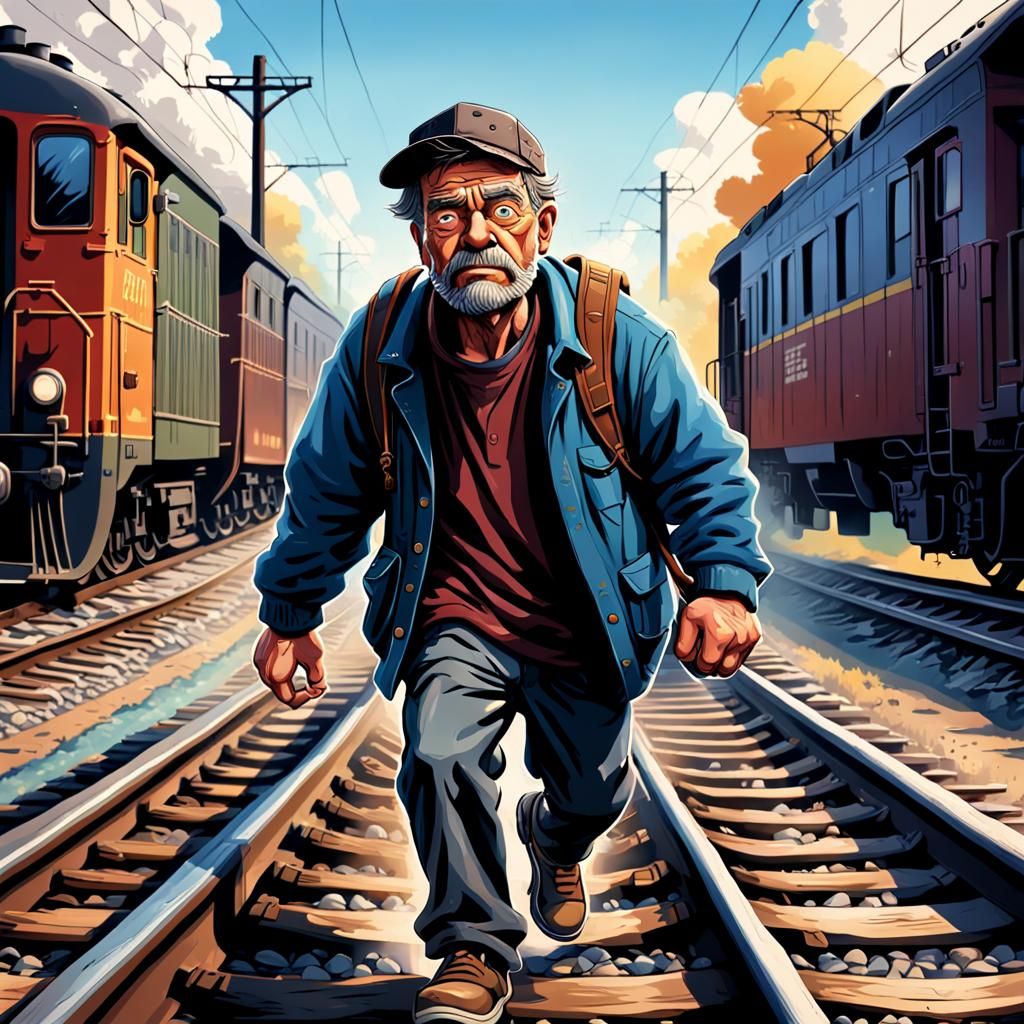 Cartoon Hobo Almost Hit By Train: Hyperrealistic Art
