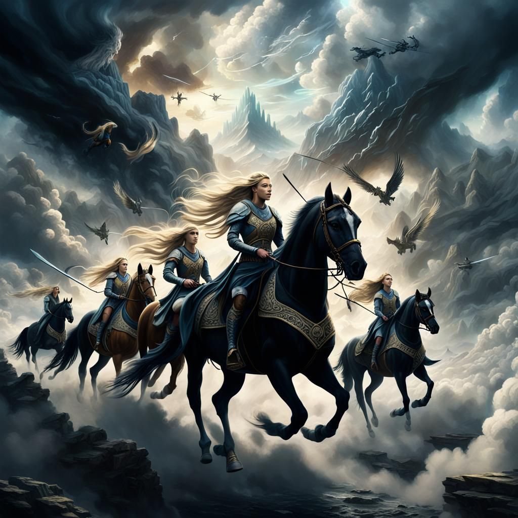 Valkyries Ride Horses Through Clouds: Epic Digital Painting