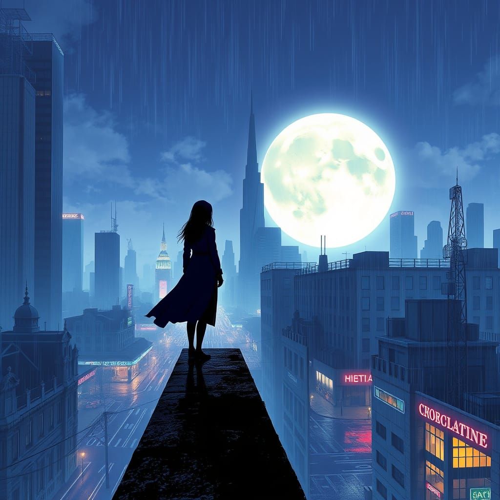Moonlit Silhouette: Girl on Rooftop in Fantasy Art Style
