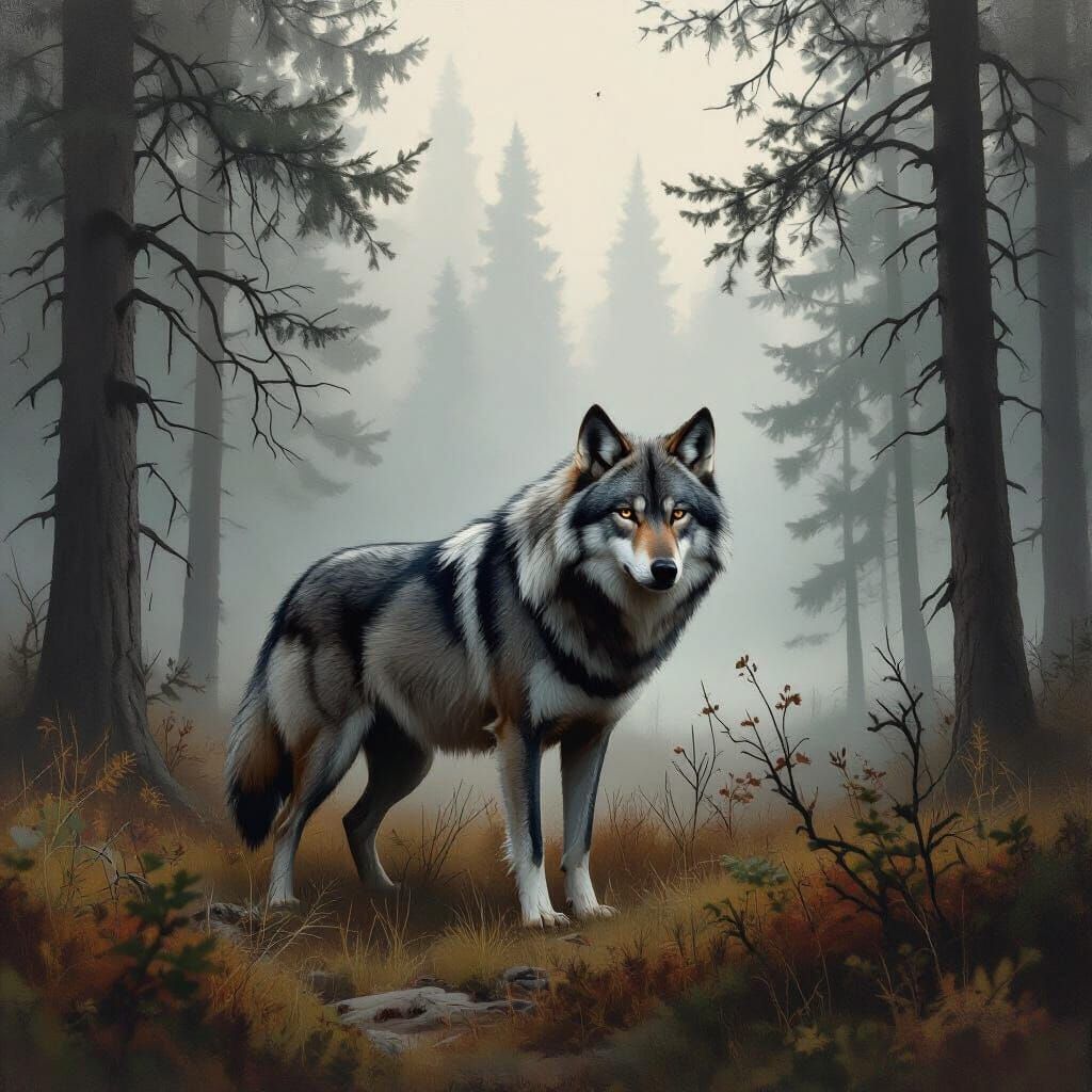 Majestic Gray Wolf Roaming in a Misty Forest