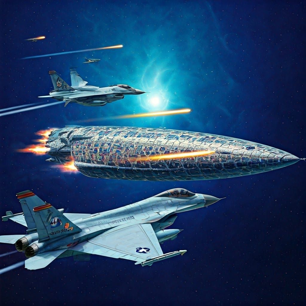 Sleek Jets Engage Cosmic Enemy in the Deep Blue Sky