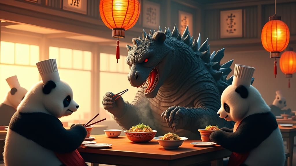 Godzilla Savoring Ramen in a Japanese Restaurant with Pandas