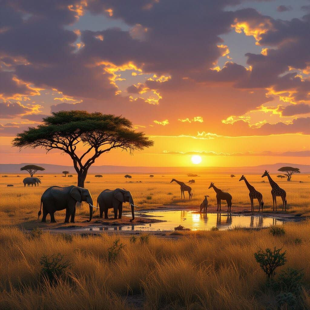African Savanna Sunset: A Hyperrealistic Wildlife Scene