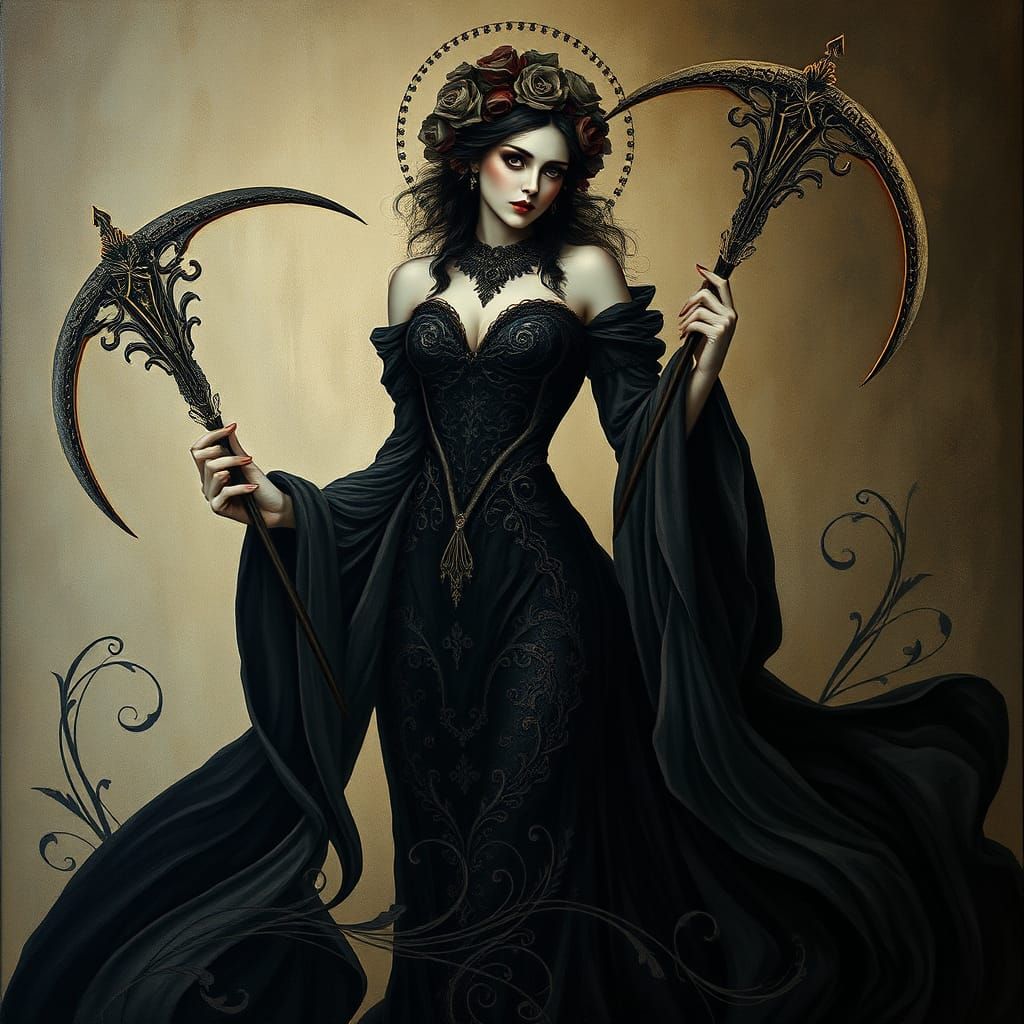 Elegant La Parca with Scythe in Klimt Style