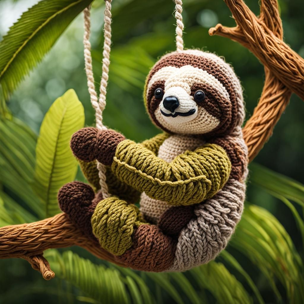 Cute Crochet Sloth in Rainforest