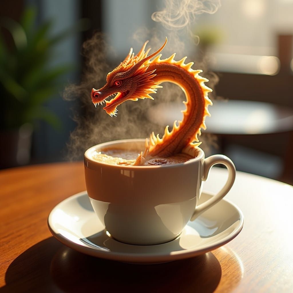 Coffee Dragon Arising from Steaming Cup