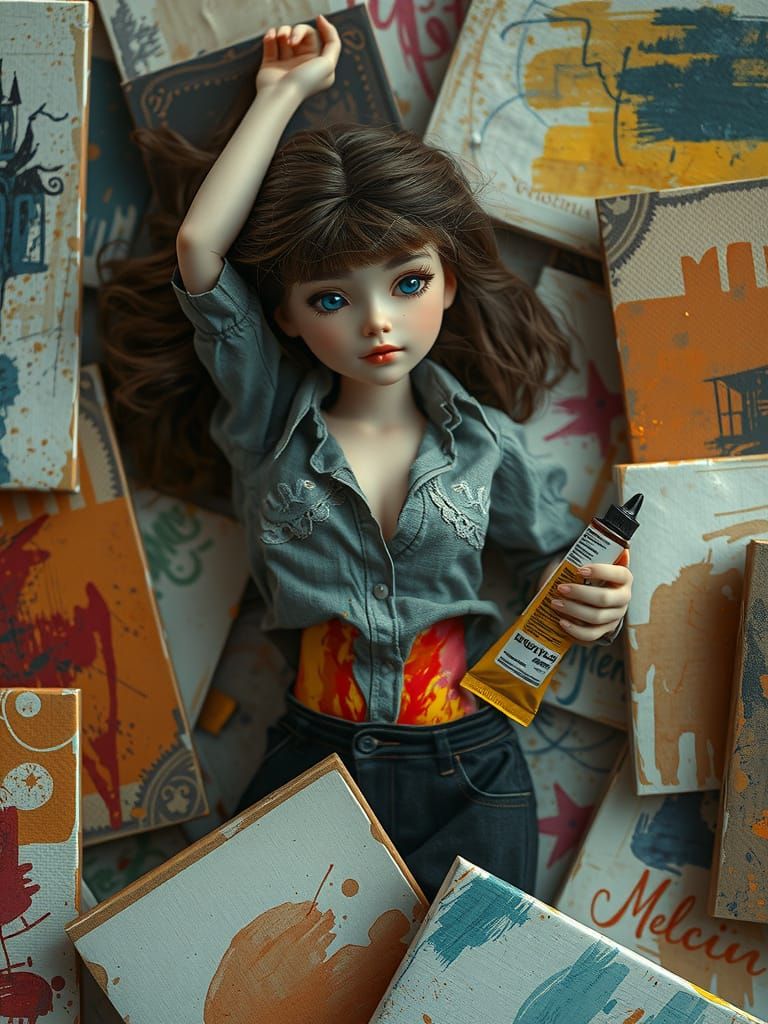Dreamlike Slavic Artist-Doll in Whimsical, Eerie Landscape