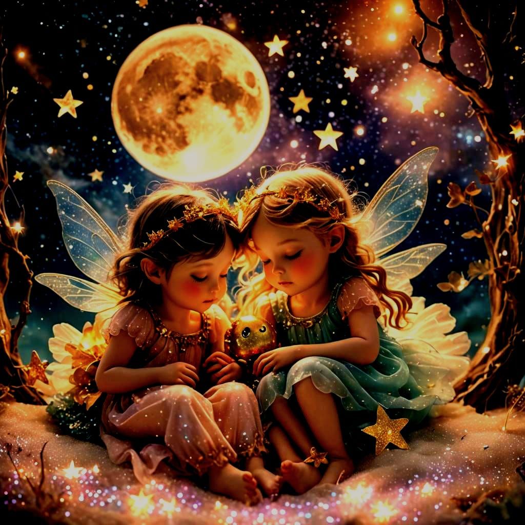 Fairies Sleeping on Bioluminescent Moon in Galaxy