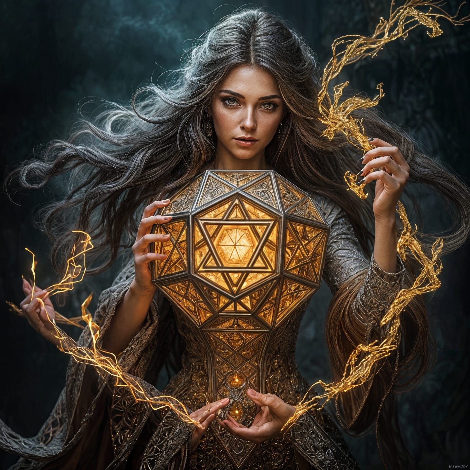 Sorceress Creates Glowing Octahedron in Hyperrealistic Detai...