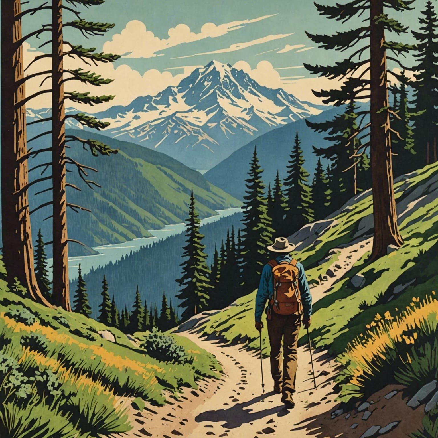 Pacific Crest Trail Vintage Travel Illustration