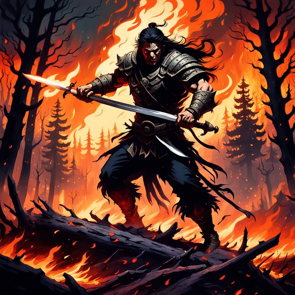 Dazzling Warrior in Hellish Landscape