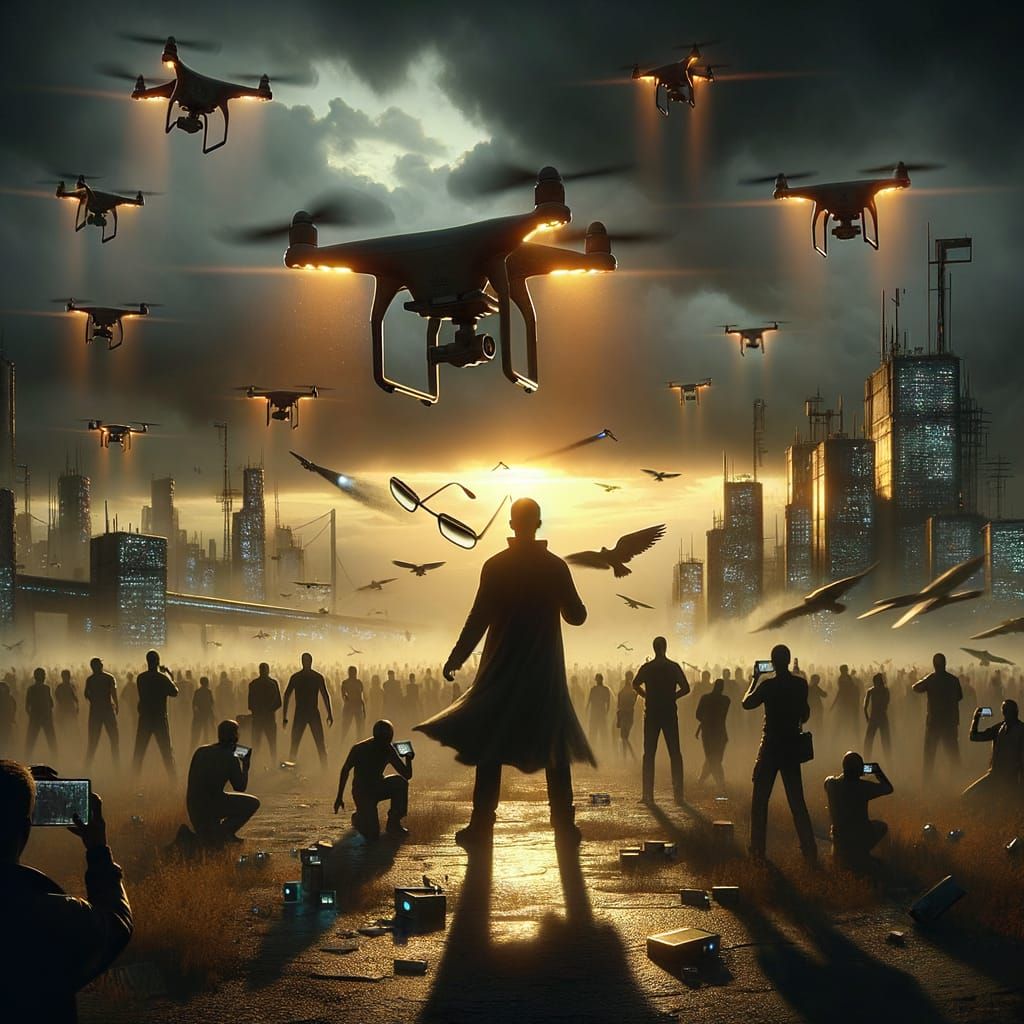 Heroic Drones in Stormy Cityscape: Matte Painting Style